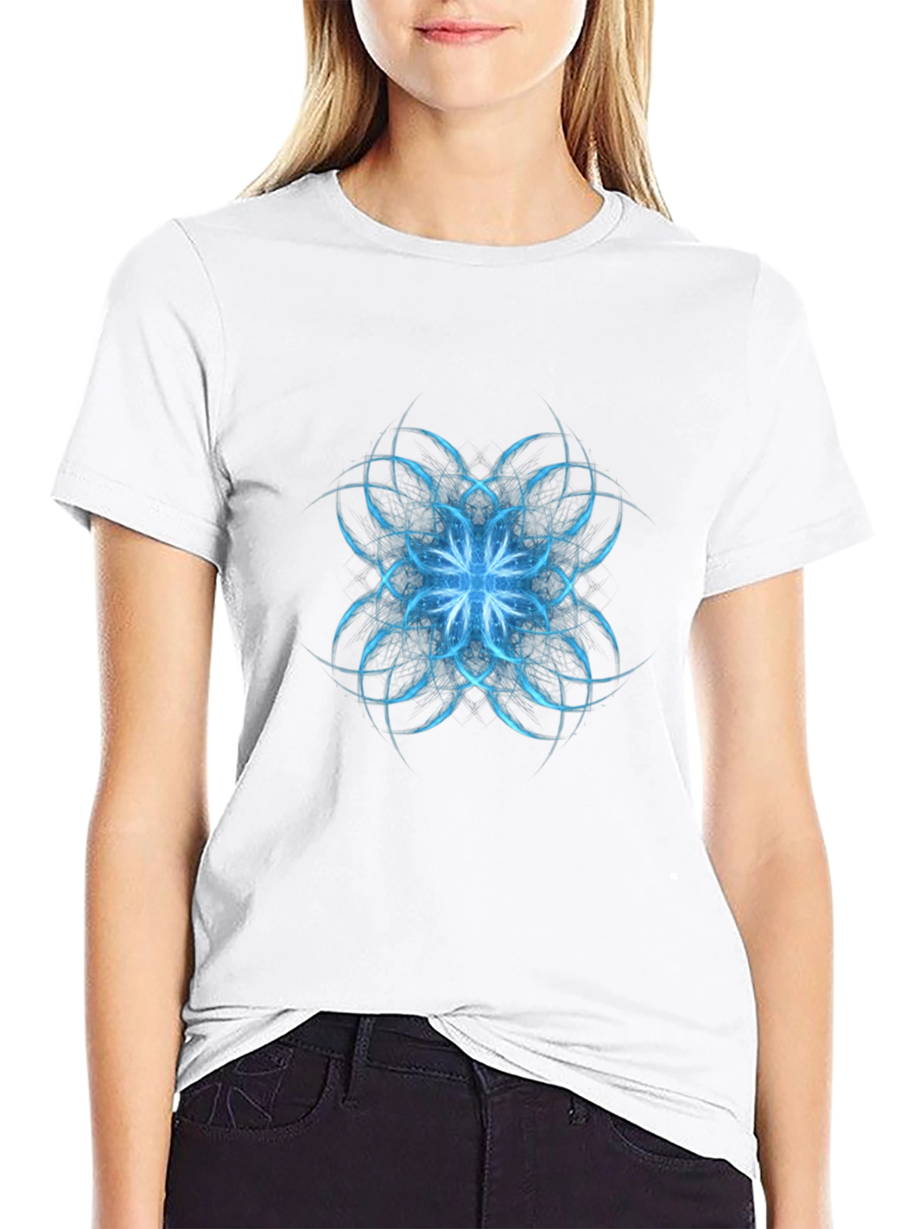 Abstract Blue Floral Graphic Black T-Shirt