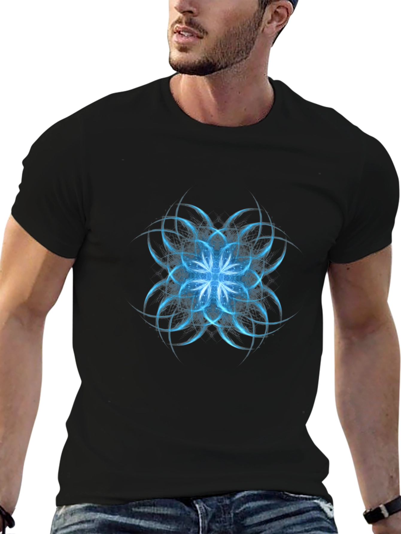 Abstract Blue Floral Graphic Black T-Shirt