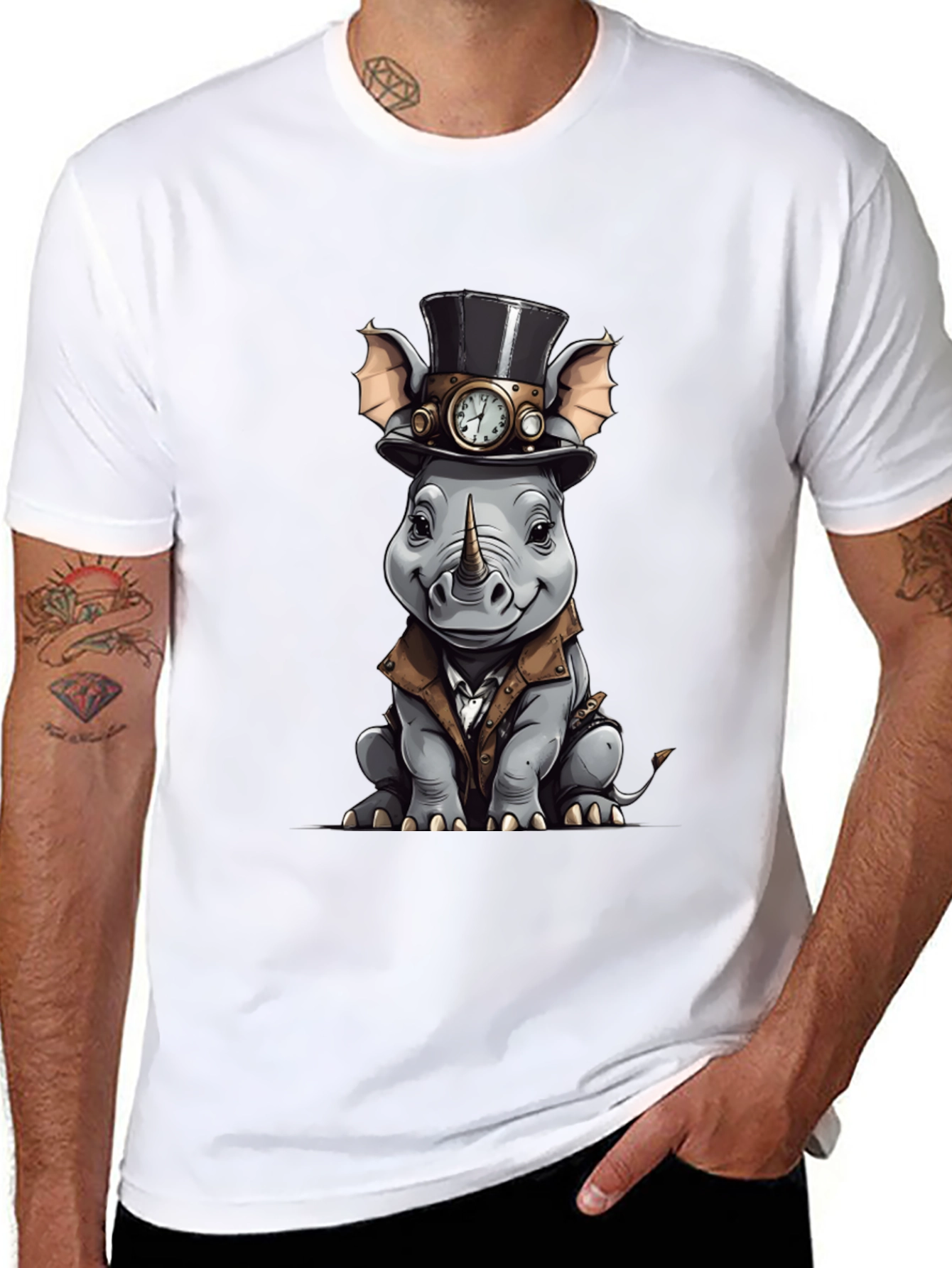 Steampunk Rhino Graphic Tee - Whimsical Animal Design