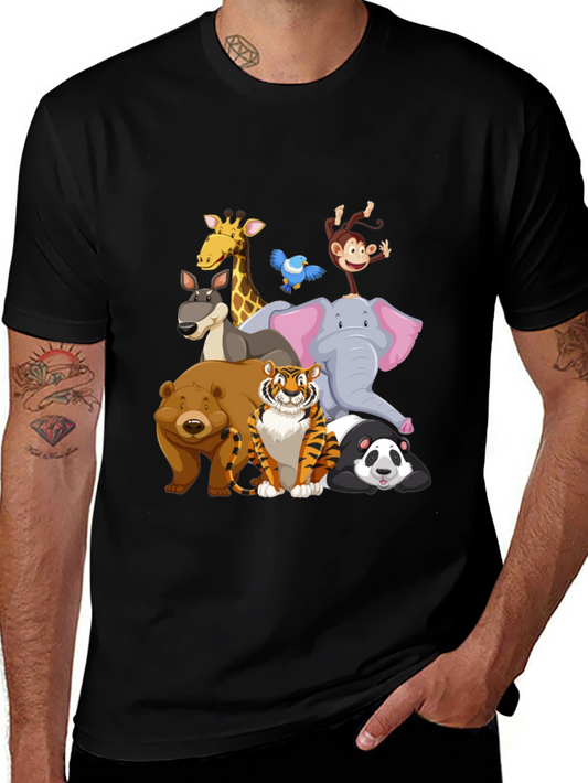 Cartoon Animals Crew Neck Black T-Shirt