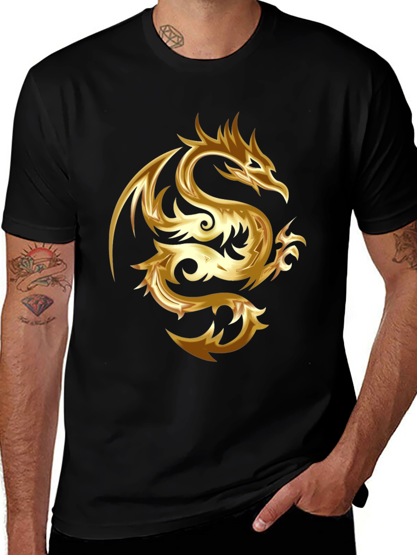 Gold Dragon Graphic Tee - Stylish Mens Black T-Shirt