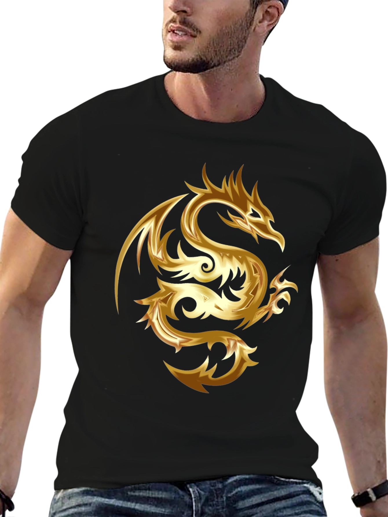 Gold Dragon Graphic Tee - Stylish Mens Black T-Shirt