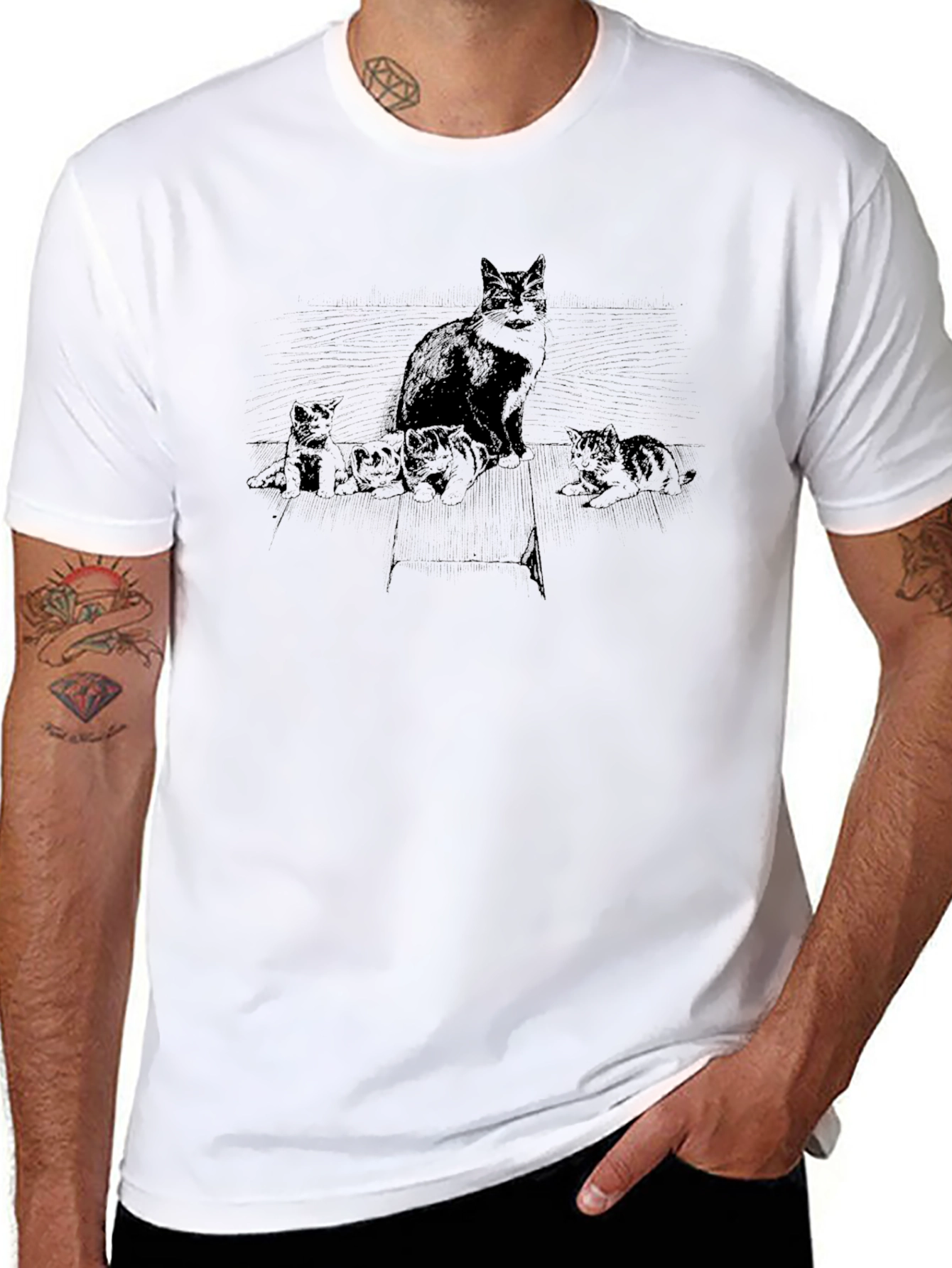 Cat & Kittens Graphic Tee - Black Cotton T-Shirt