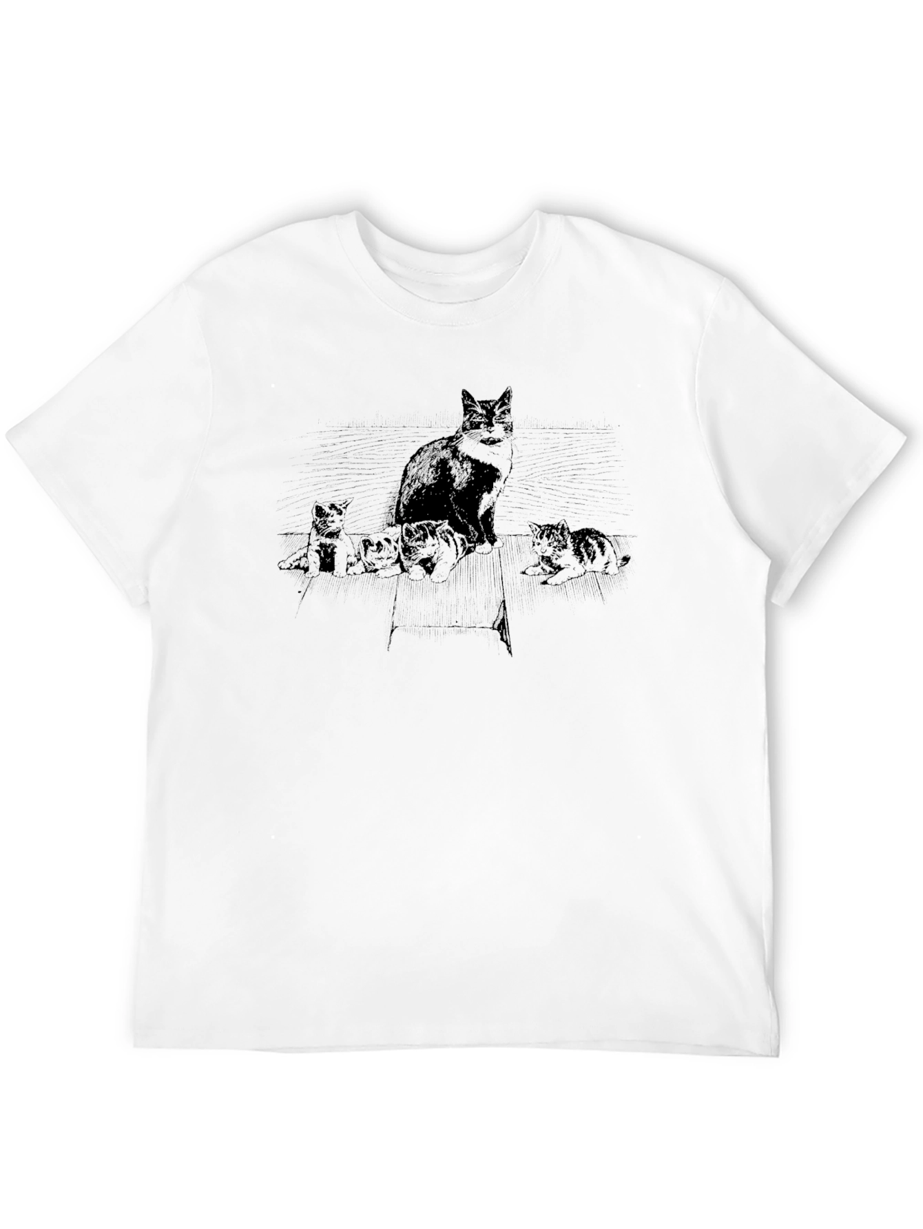 Cat & Kittens Graphic Tee - Black Cotton T-Shirt