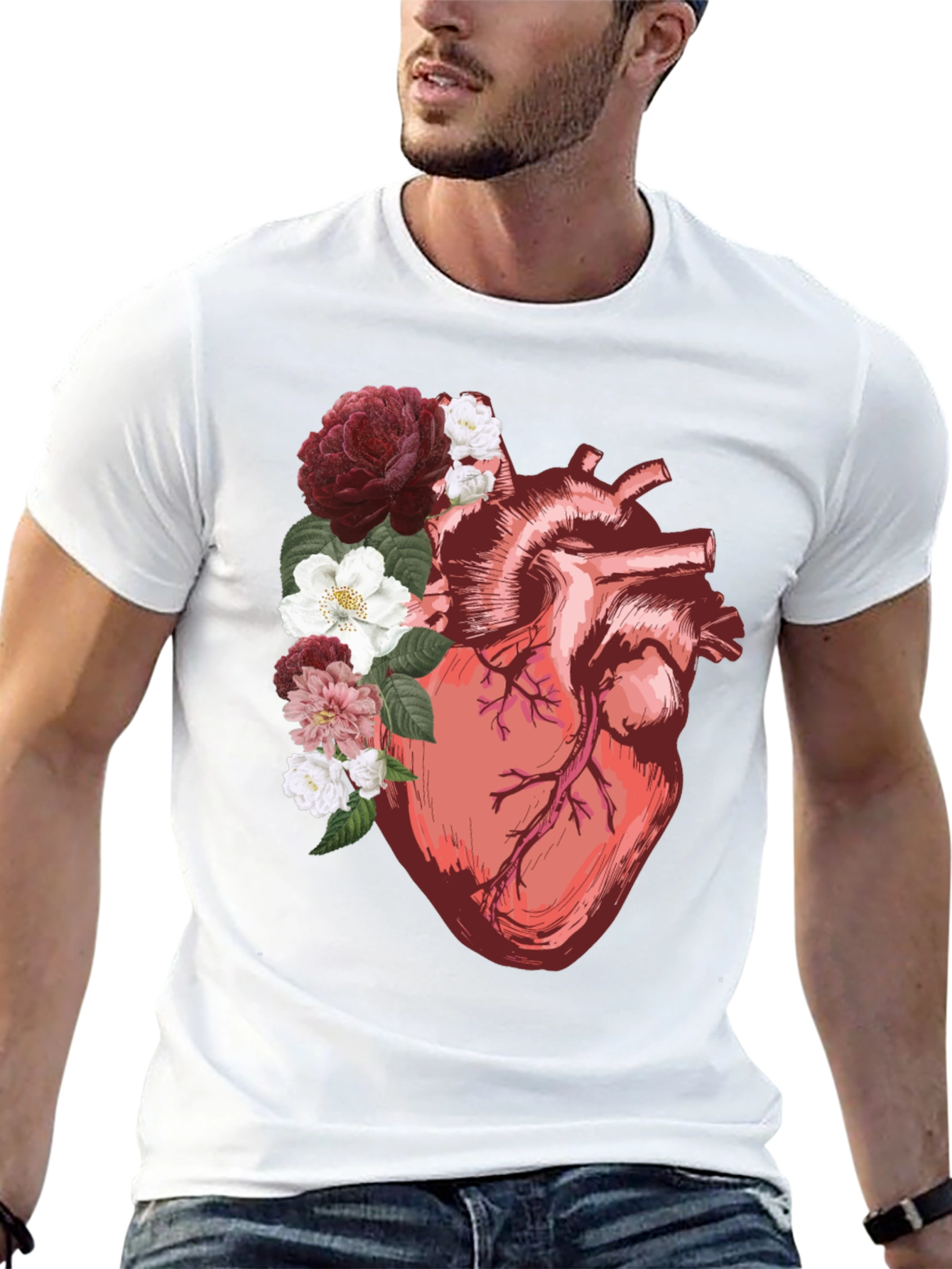 Floral Heart Graphic Tee - Anatomical Art Shirt