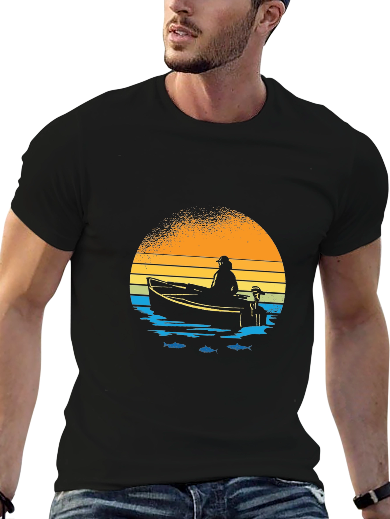 Fishing Boat Graphic T-Shirt - Retro Sunset Design