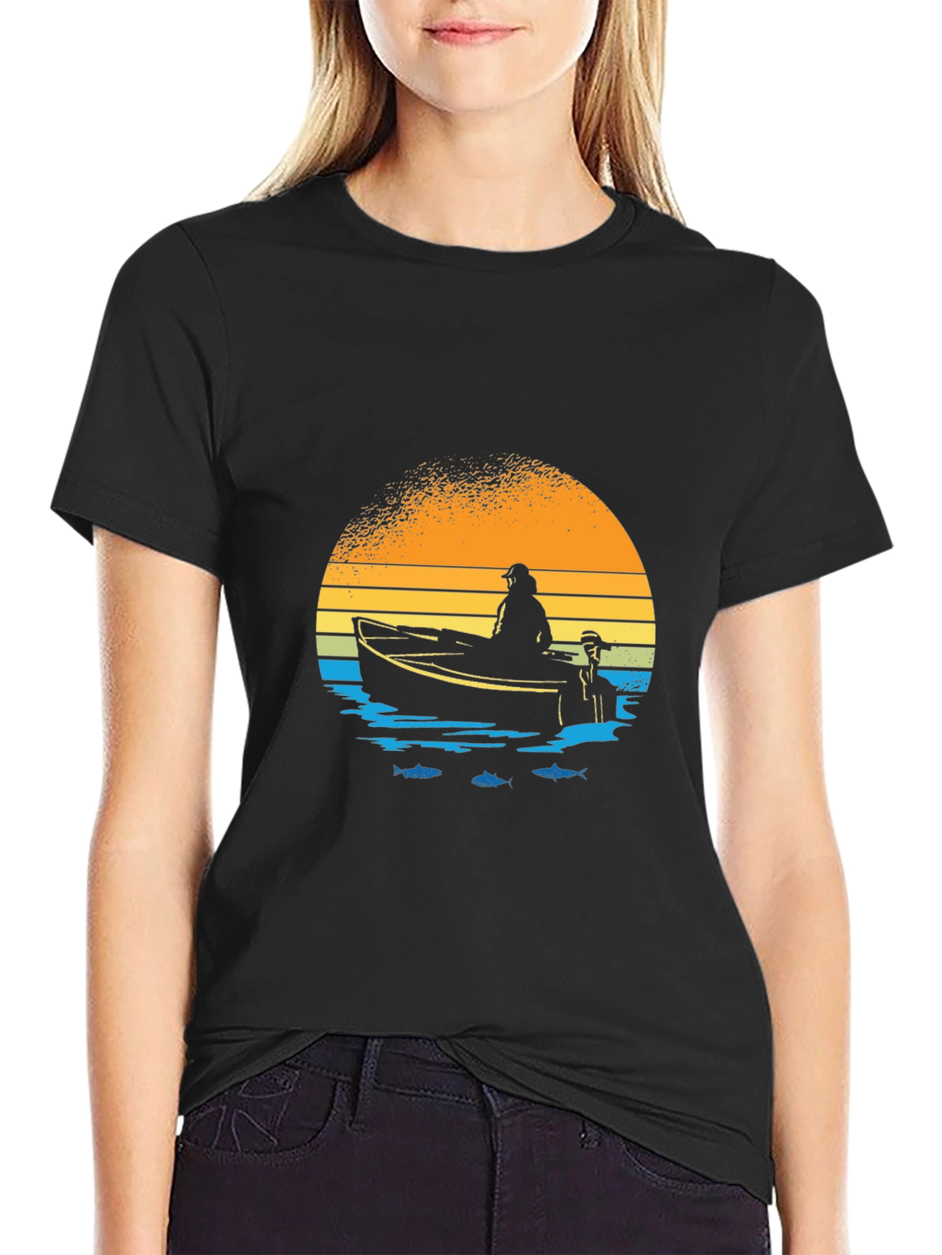 Fishing Boat Graphic T-Shirt - Retro Sunset Design