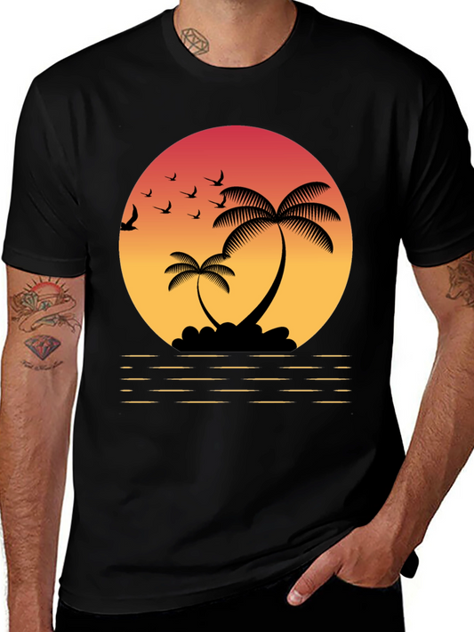 Tropical Sunset T-Shirt: Palm Trees & Birds