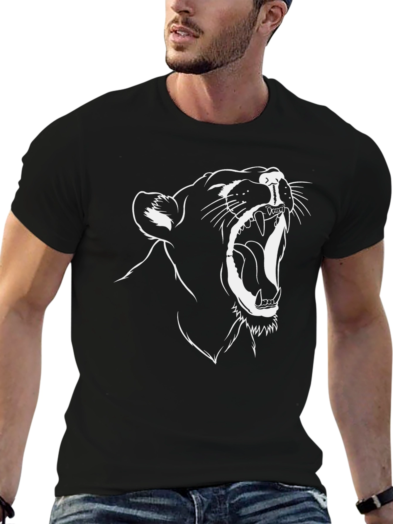 Black T-Shirt with Roaring Lion Graphic Tee