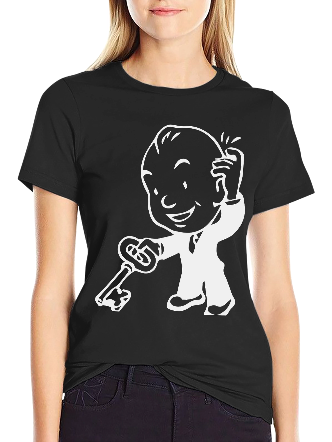 Cartoon Character with Key - Black T-Shirt