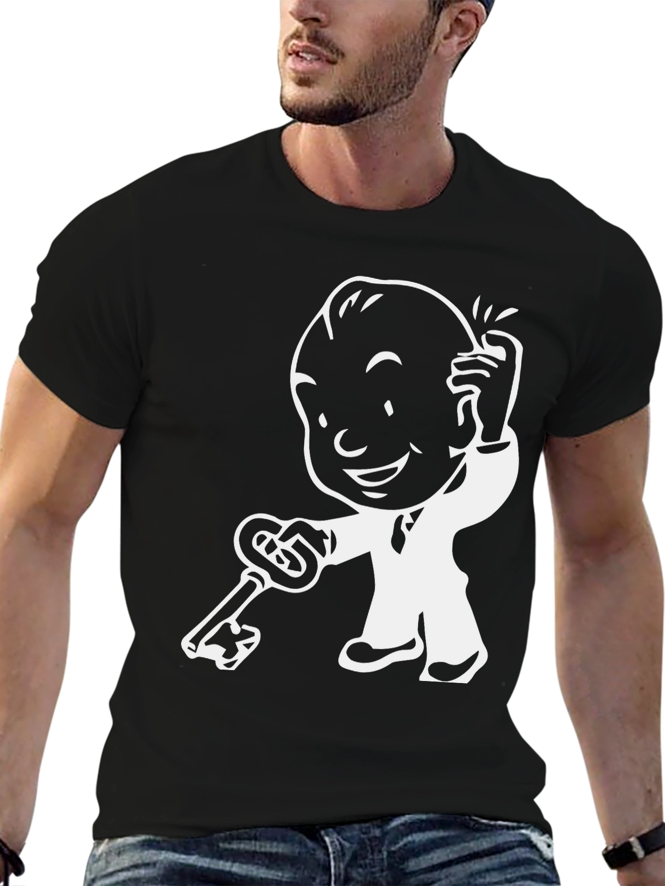 Cartoon Character with Key - Black T-Shirt