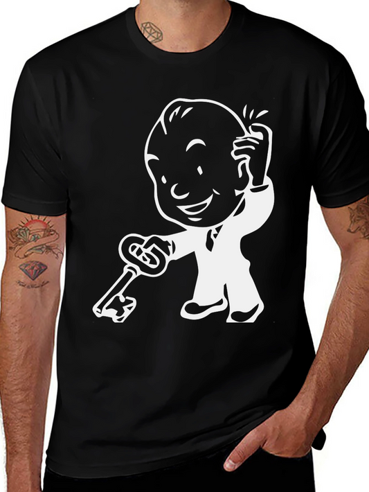 Cartoon Character with Key - Black T-Shirt
