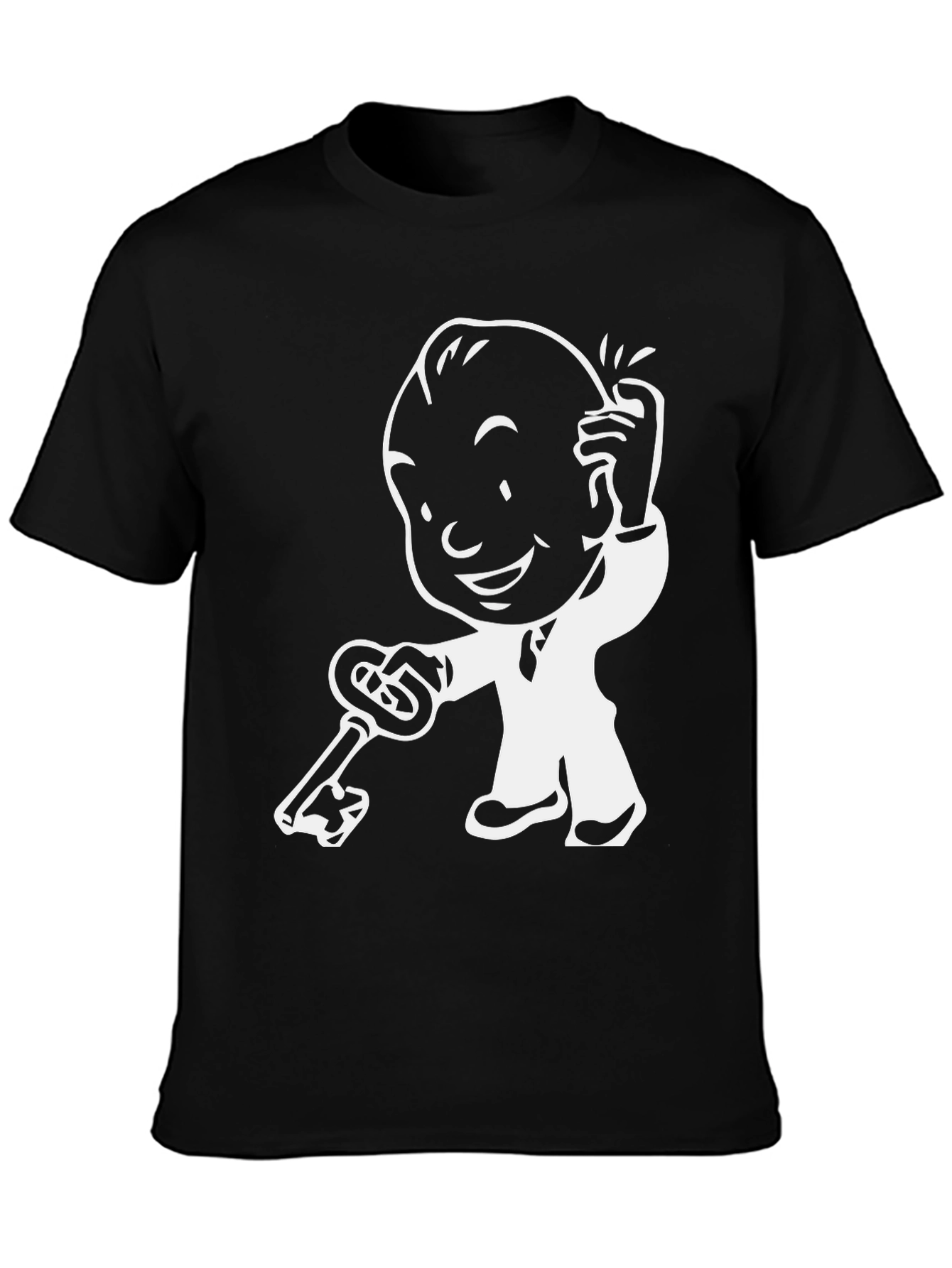 Cartoon Character with Key - Black T-Shirt