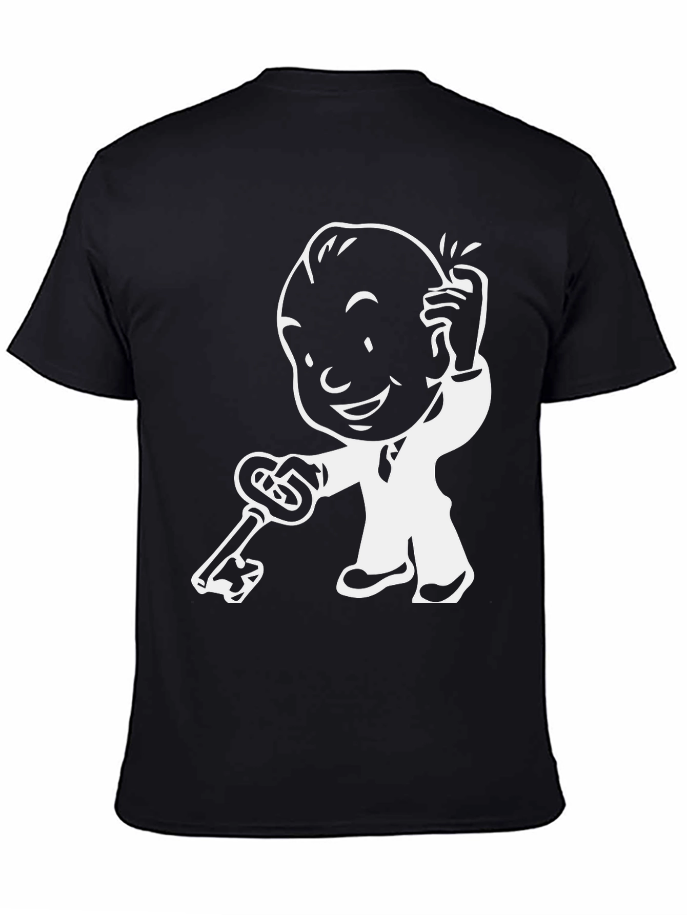 Cartoon Character with Key - Black T-Shirt