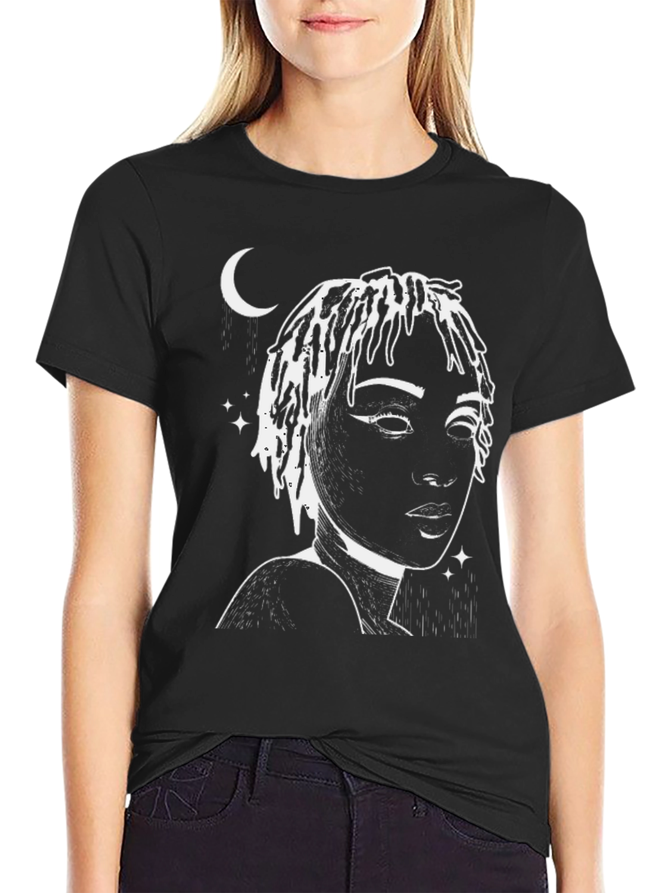 Moonlit Woman Graphic Tee - Stylish Black T-Shirt