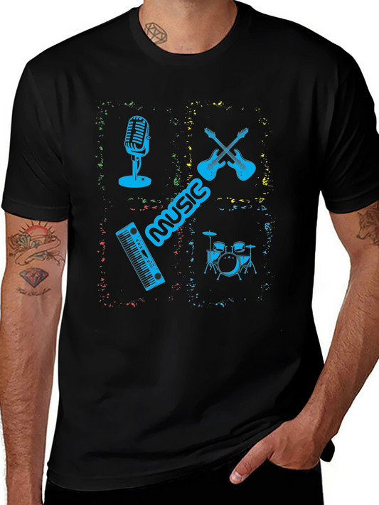 Music Instrument Graphic Print Mens Black T-Shirt
