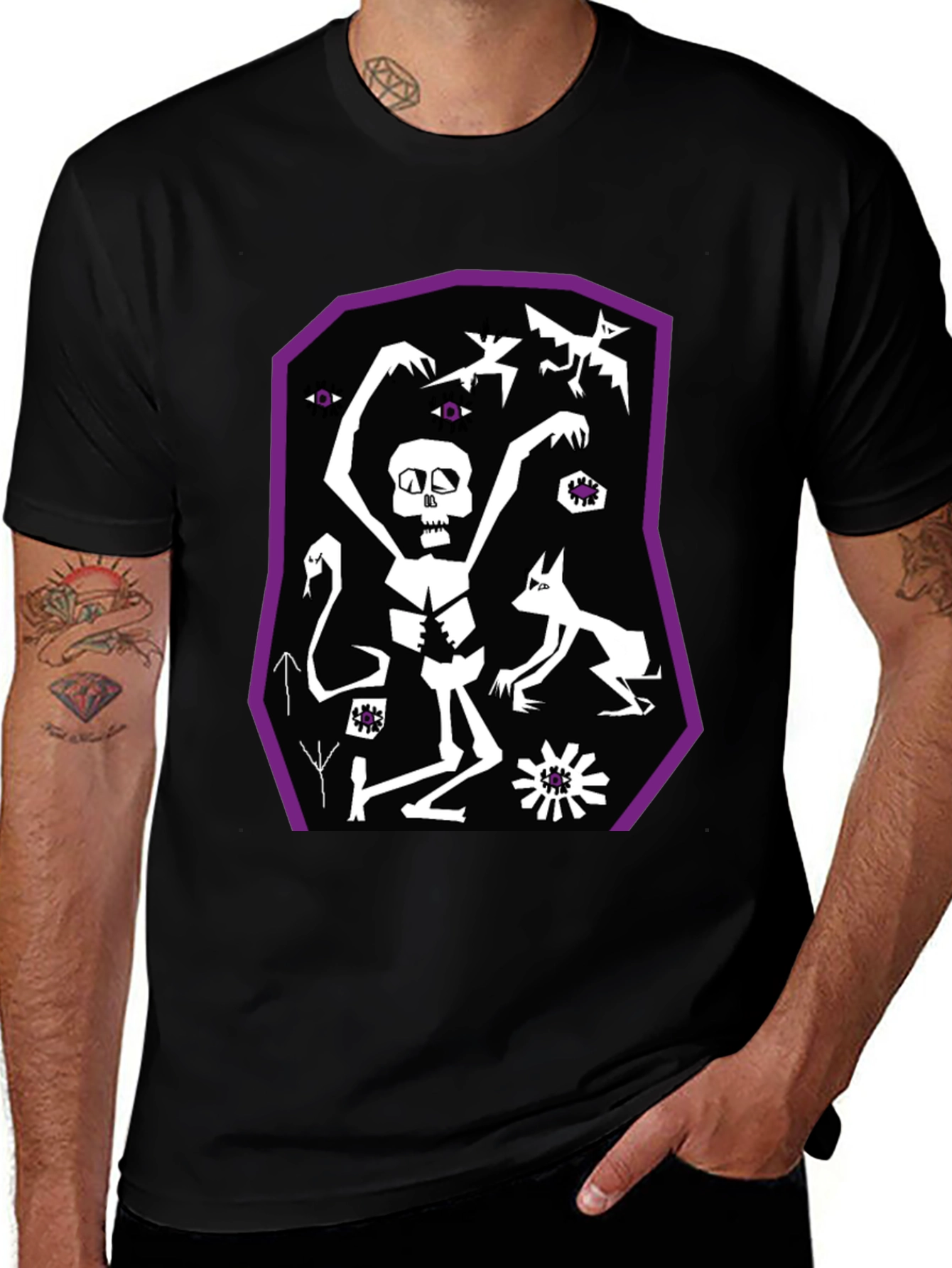 Black Graphic Tee: Skeleton Bats and Magic