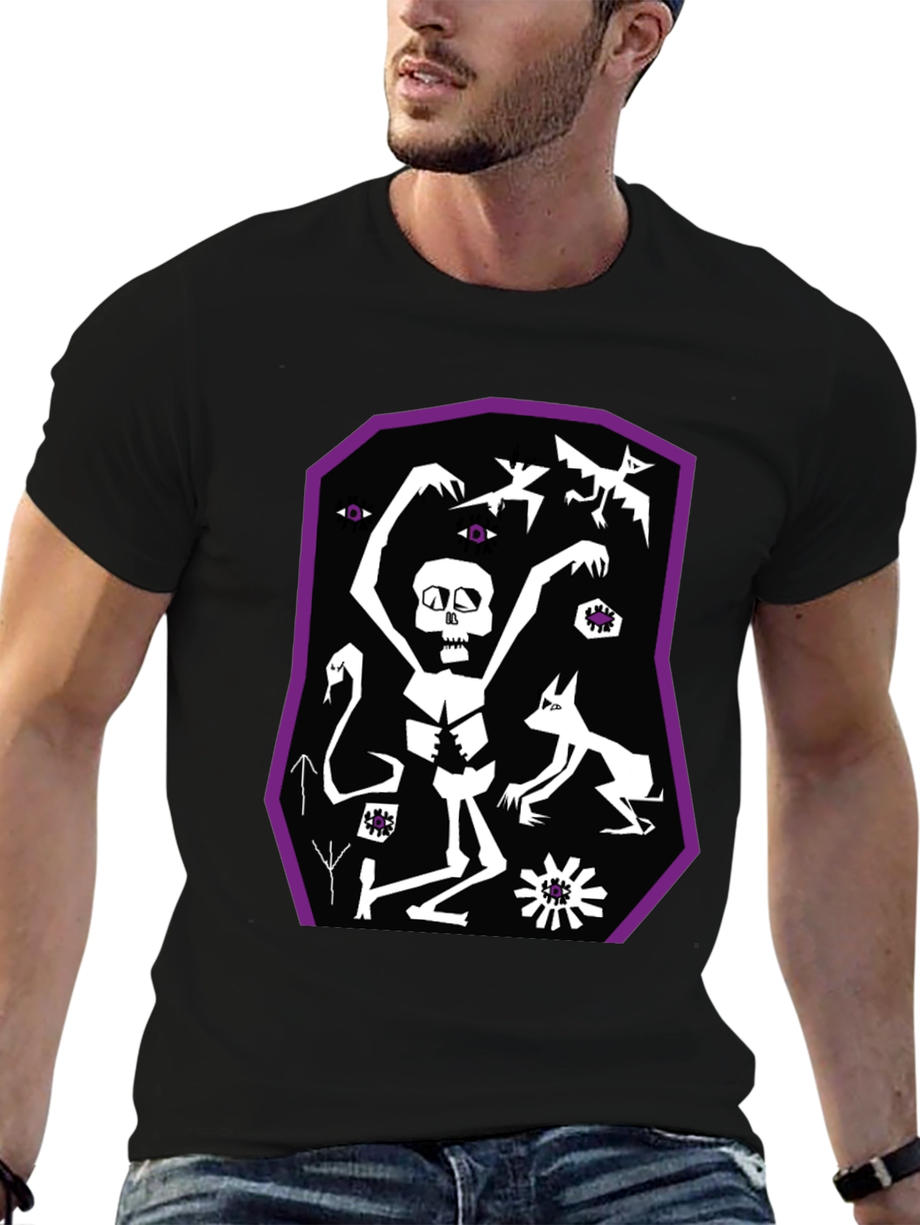 Black Graphic Tee: Skeleton Bats and Magic