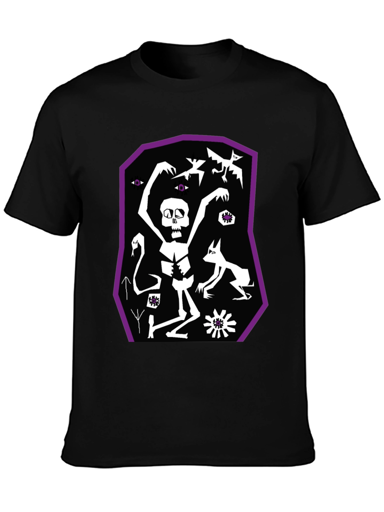 Black Graphic Tee: Skeleton Bats and Magic
