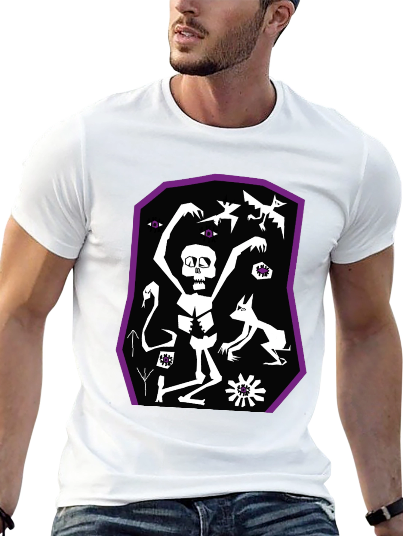 Black Graphic Tee: Skeleton Bats and Magic