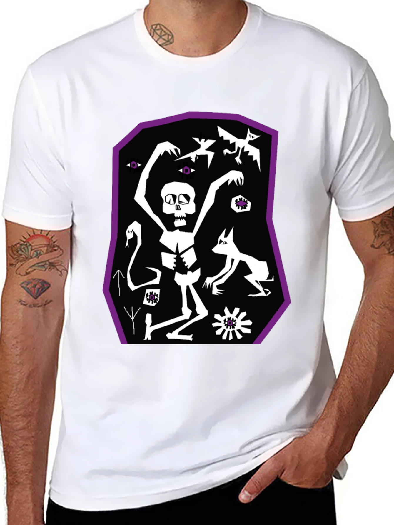 Black Graphic Tee: Skeleton Bats and Magic