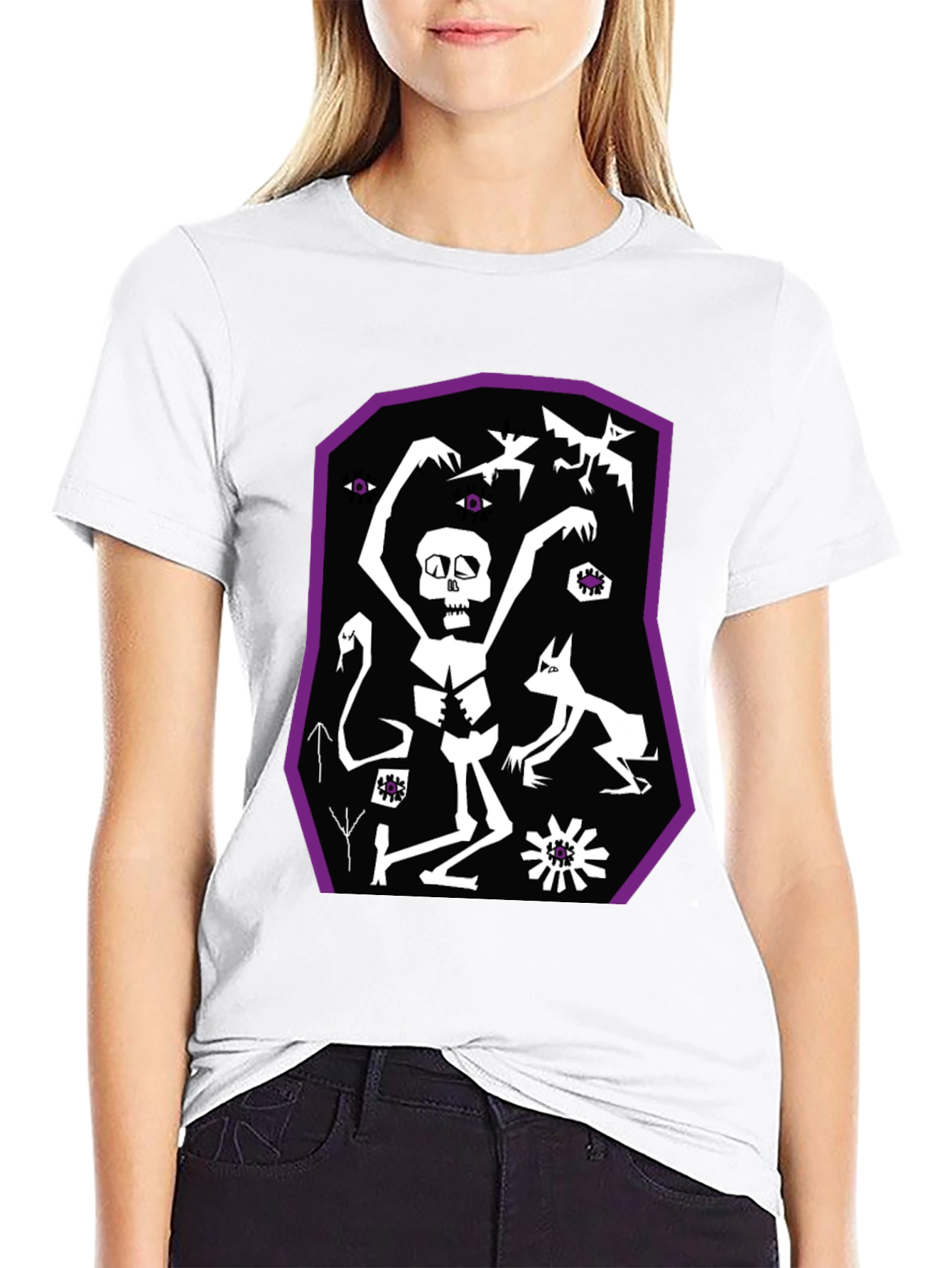 Black Graphic Tee: Skeleton Bats and Magic