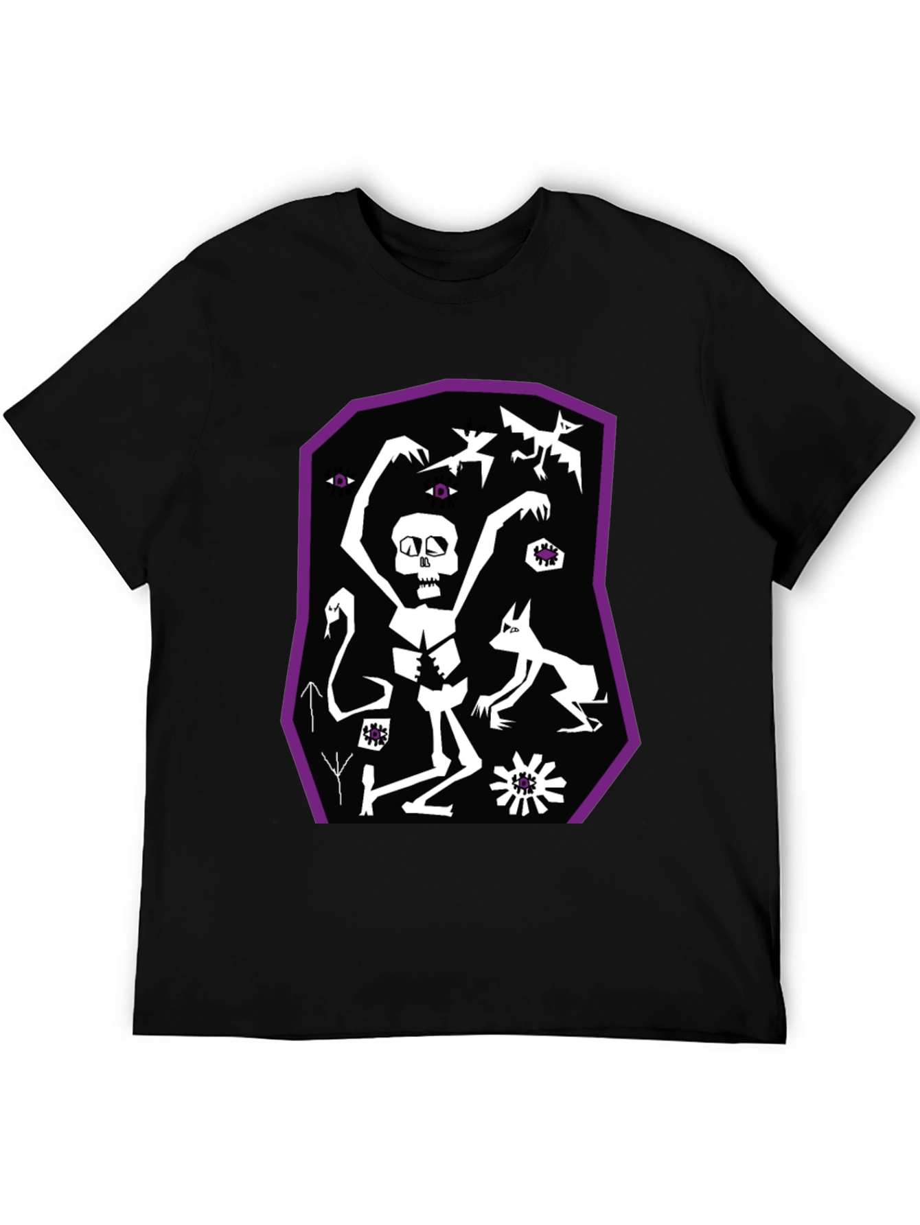 Black Graphic Tee: Skeleton Bats and Magic