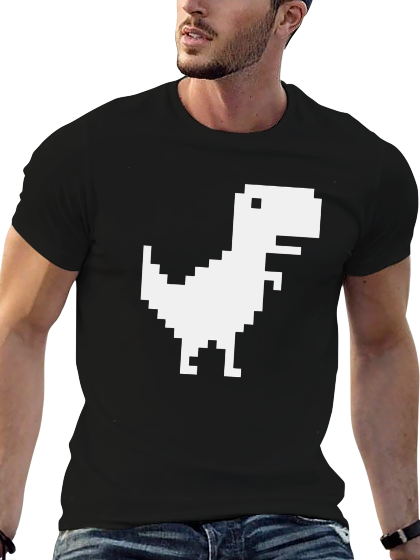 Pixel Dinosaur Graphic Tee - Black Cotton Casual T-Shirt