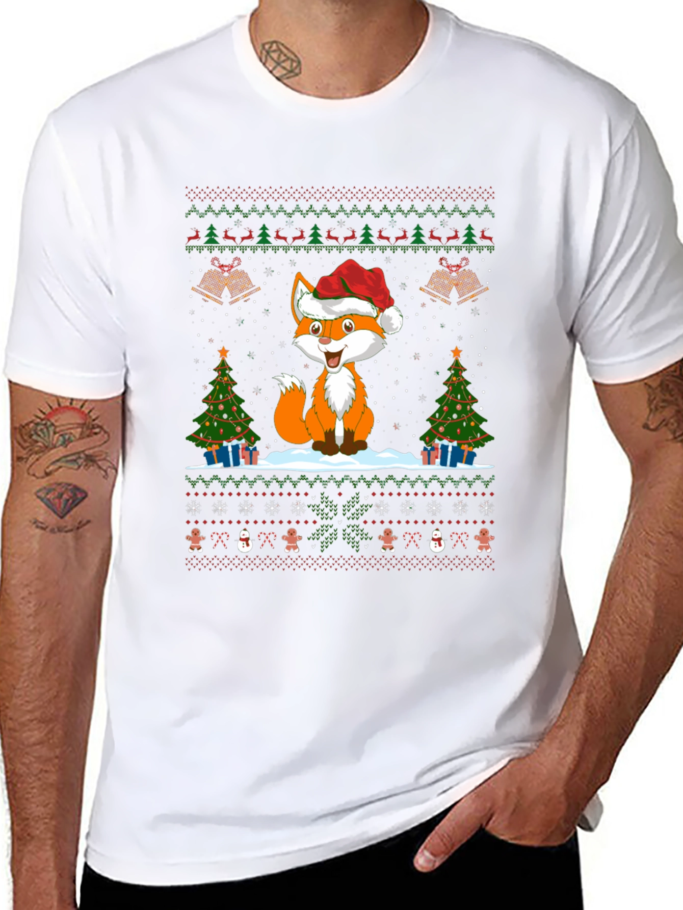Festive Fox Christmas Pattern Black T-Shirt