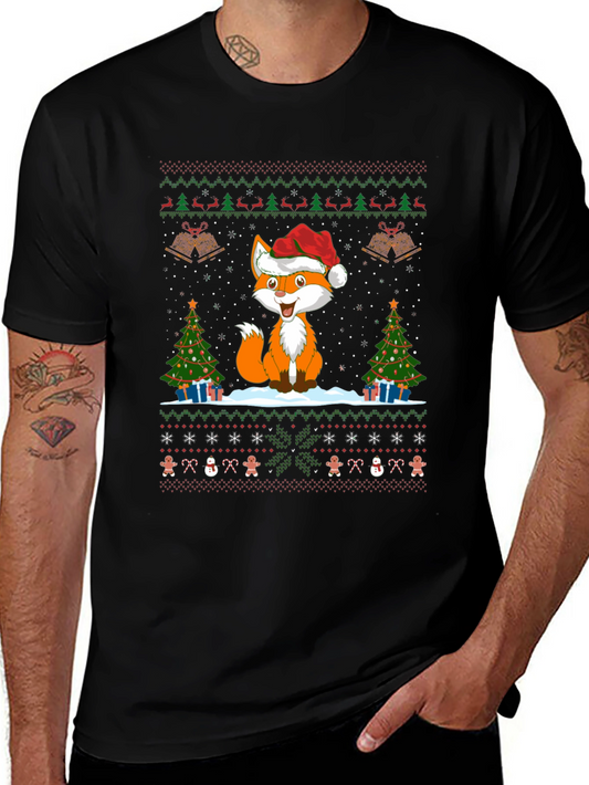 Festive Fox Christmas Pattern Black T-Shirt