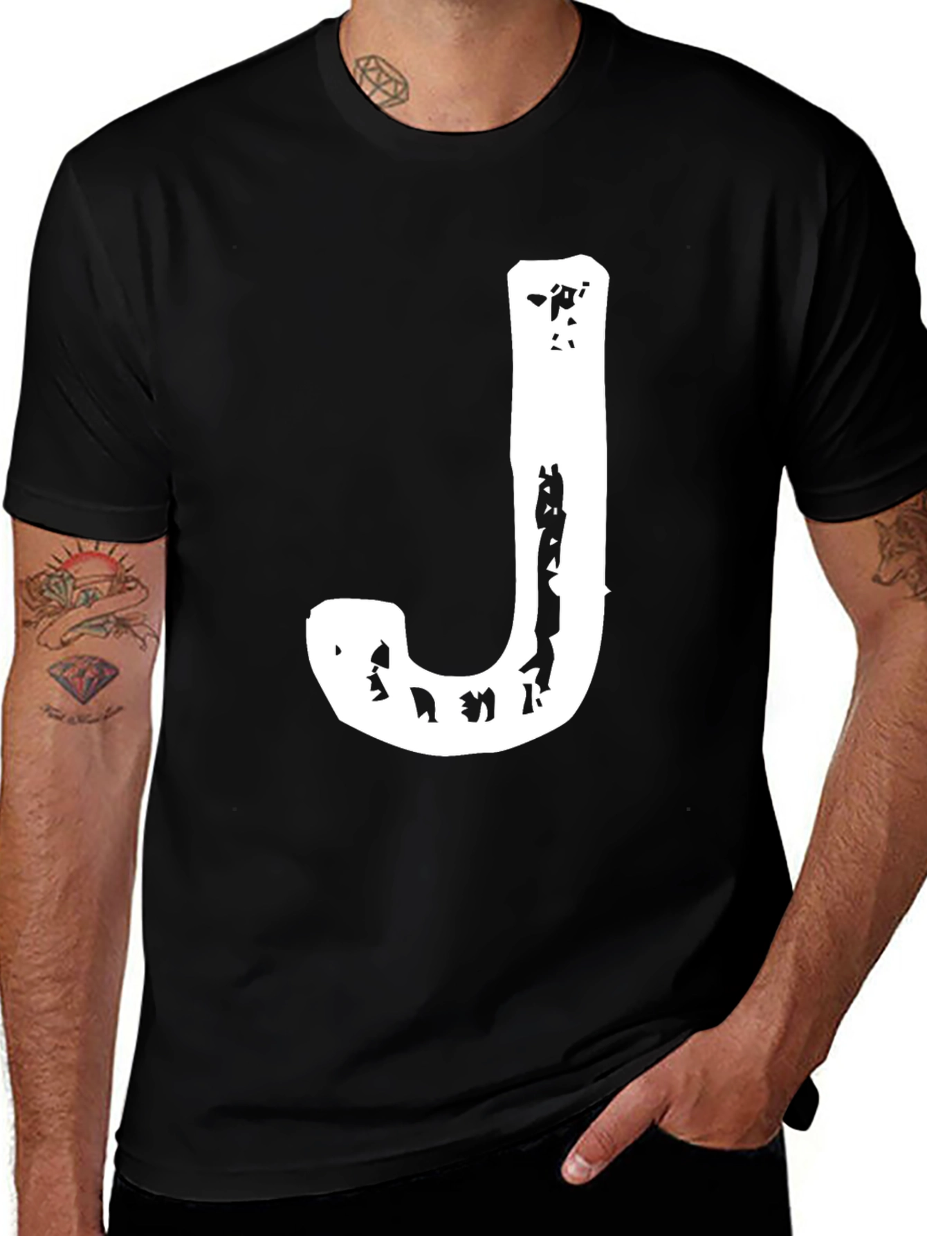 Black T-Shirt with Distressed White Letter J