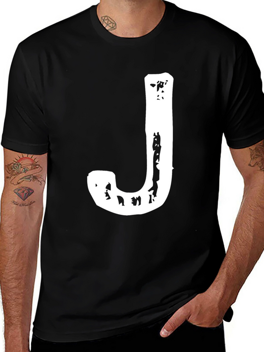 Black T-Shirt with Distressed White Letter J
