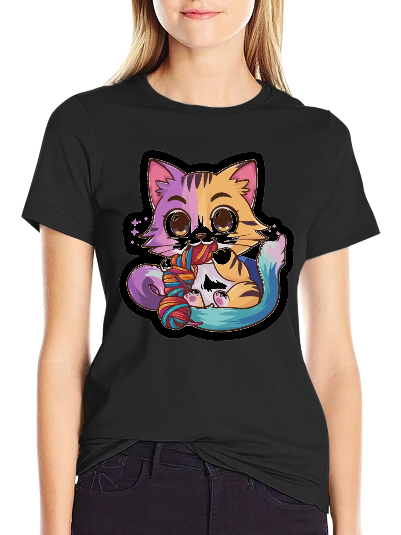 Cute Cat Yarn Lover Black T-Shirt