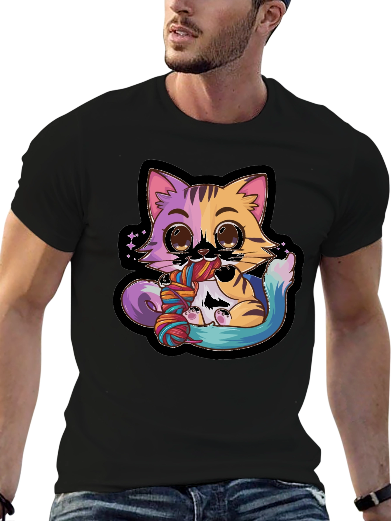 Cute Cat Yarn Lover Black T-Shirt