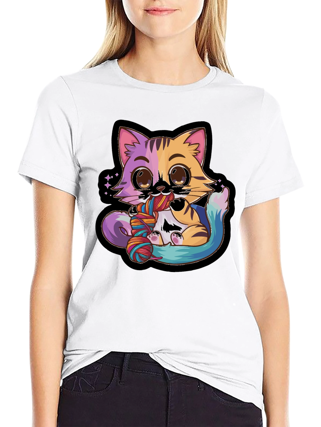 Cute Cat Yarn Lover Black T-Shirt