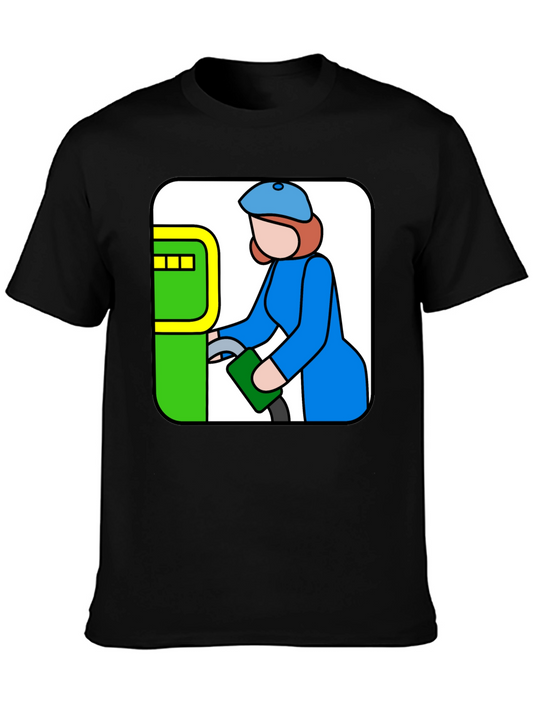 Cartoon Gas Station T-Shirt - Black Cotton Tee