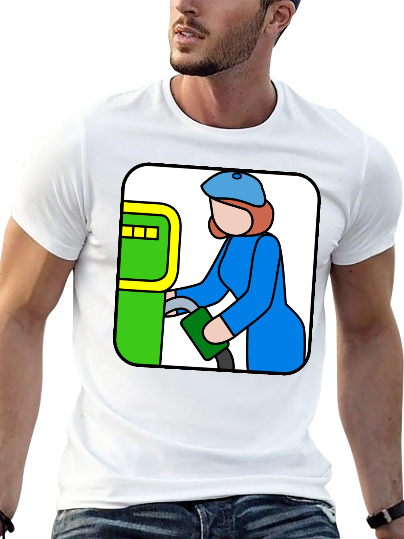 Cartoon Gas Station T-Shirt - Black Cotton Tee