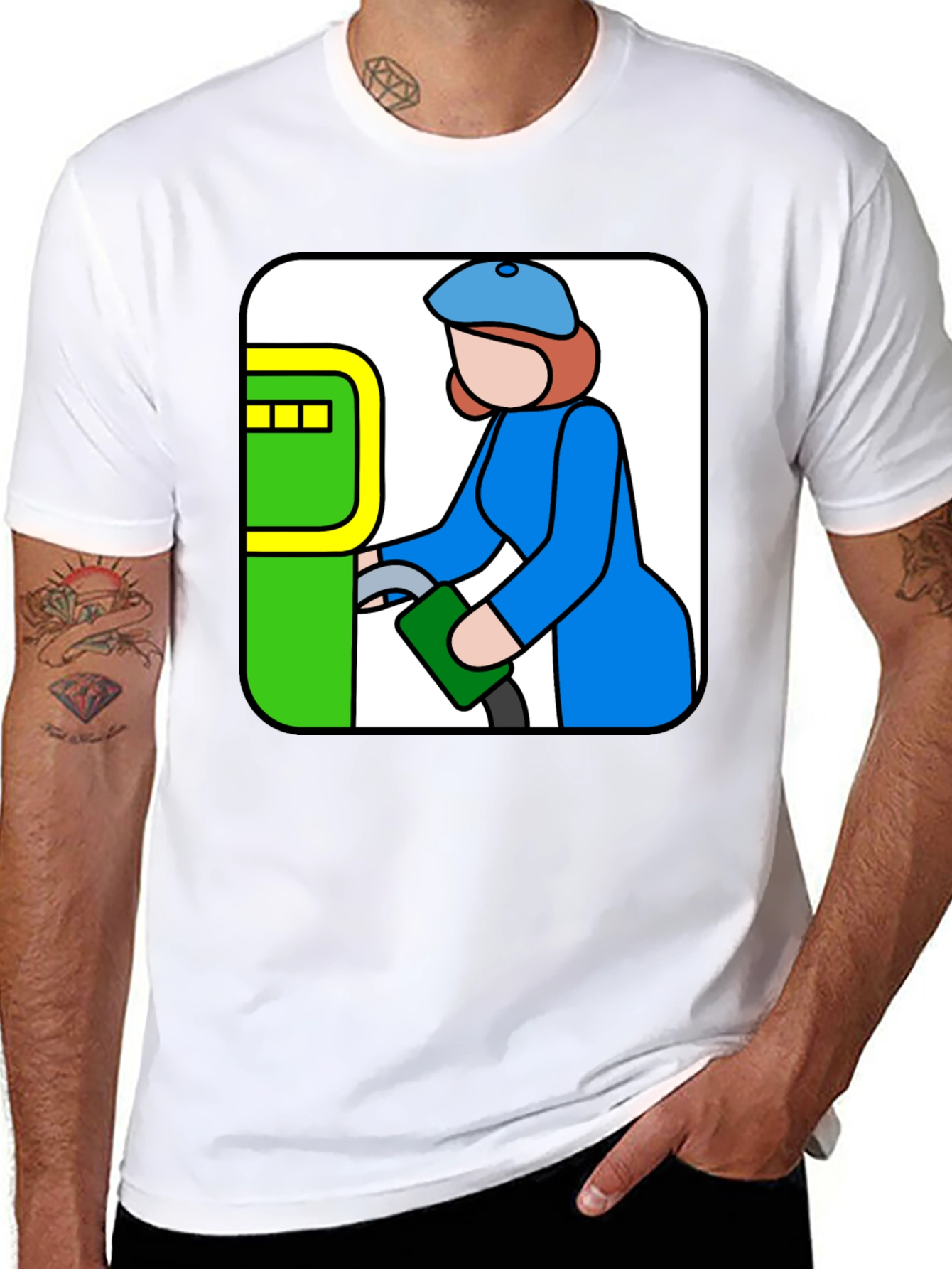 Cartoon Gas Station T-Shirt - Black Cotton Tee