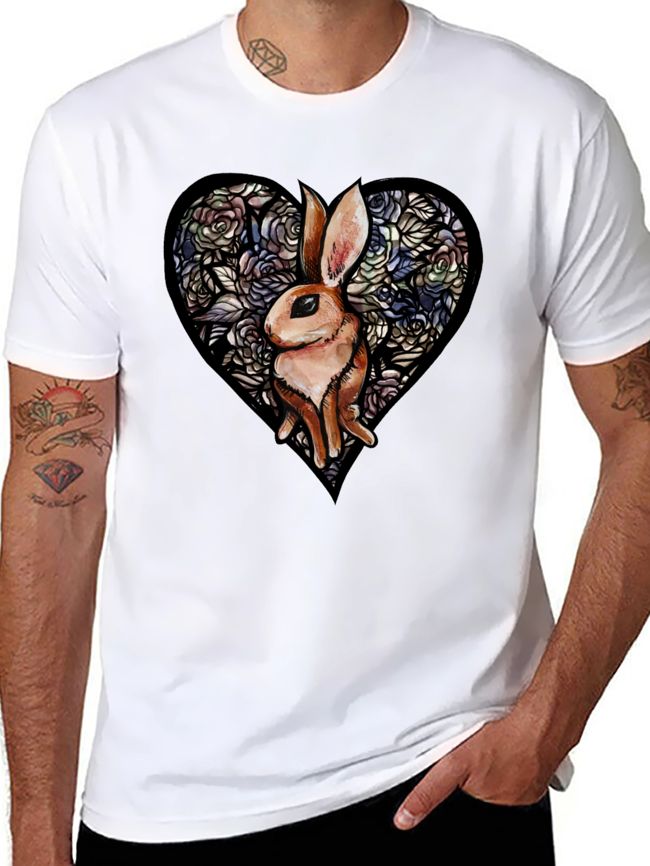 Rabbit Heart Graphic T-Shirt - Unique Floral Design