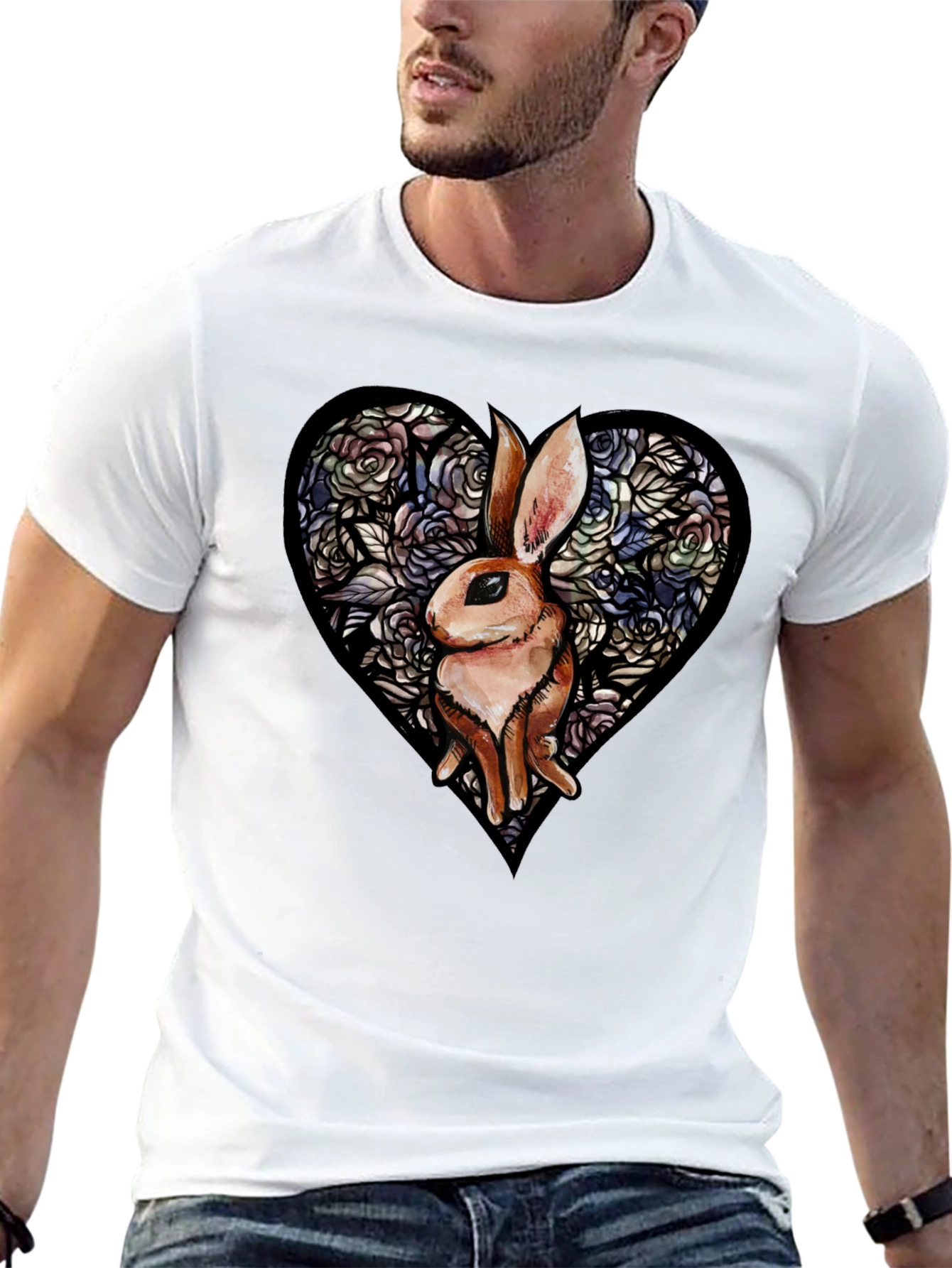 Rabbit Heart Graphic T-Shirt - Unique Floral Design