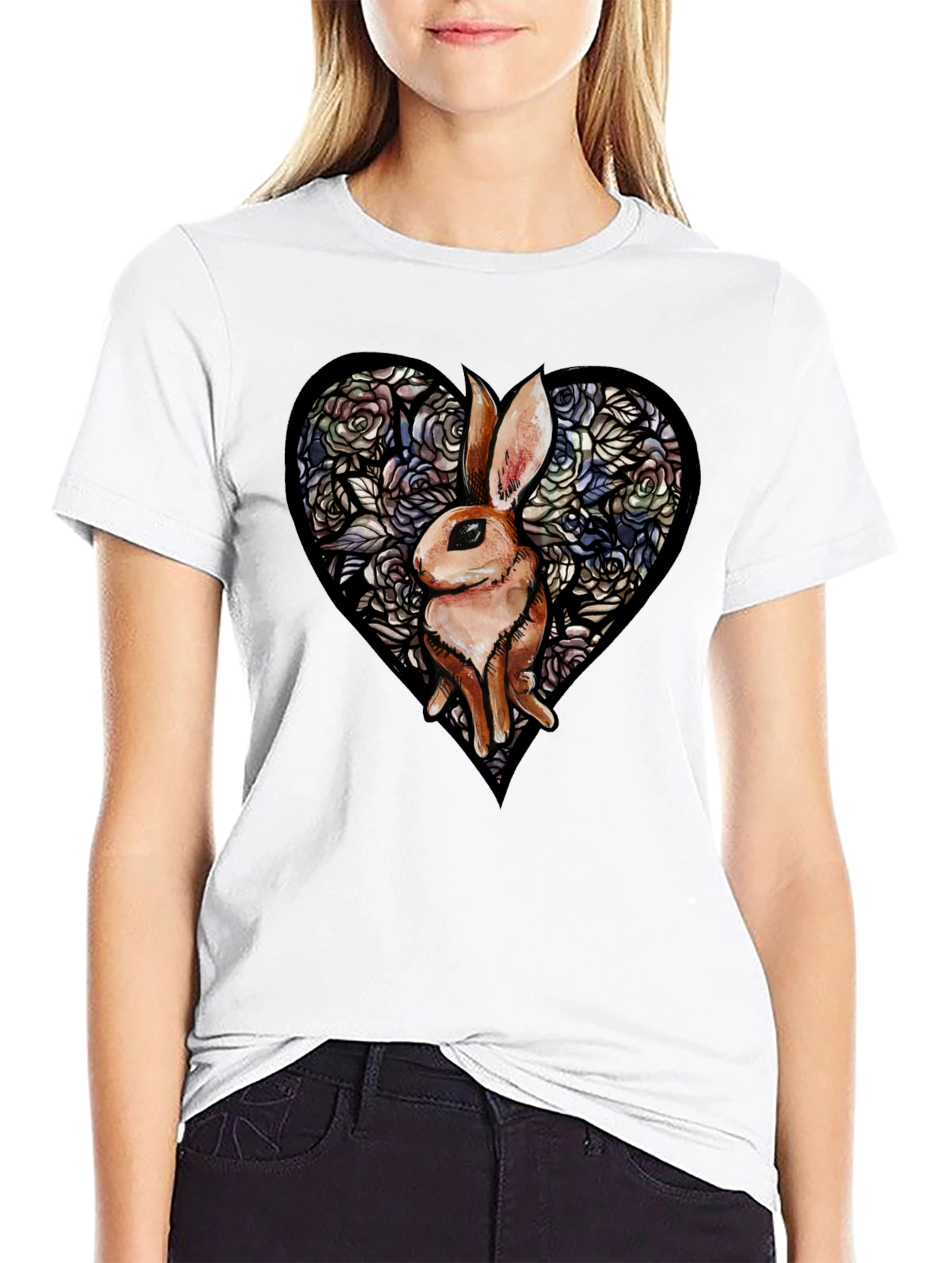 Rabbit Heart Graphic T-Shirt - Unique Floral Design