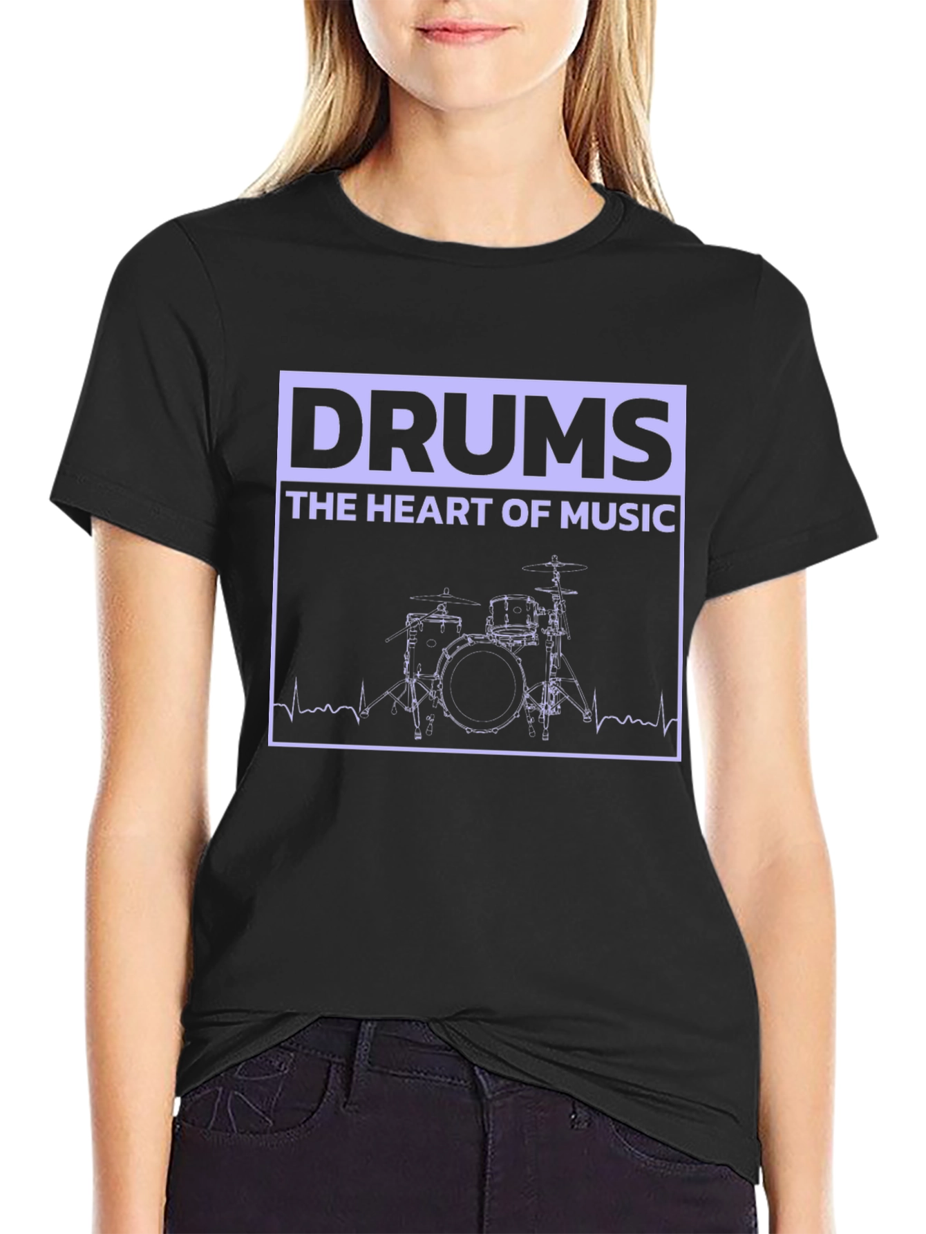 Drums Heart of Music Graphic Black T-Shirt
