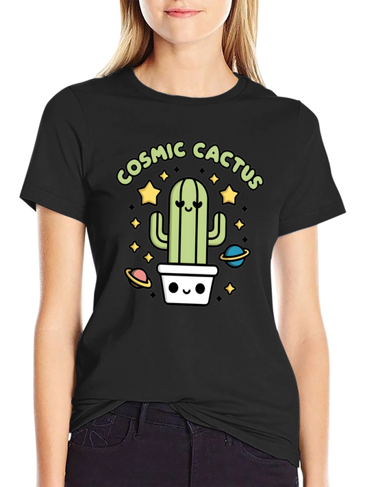 Cosmic Cactus Graphic Tee - Black Cotton T-Shirt
