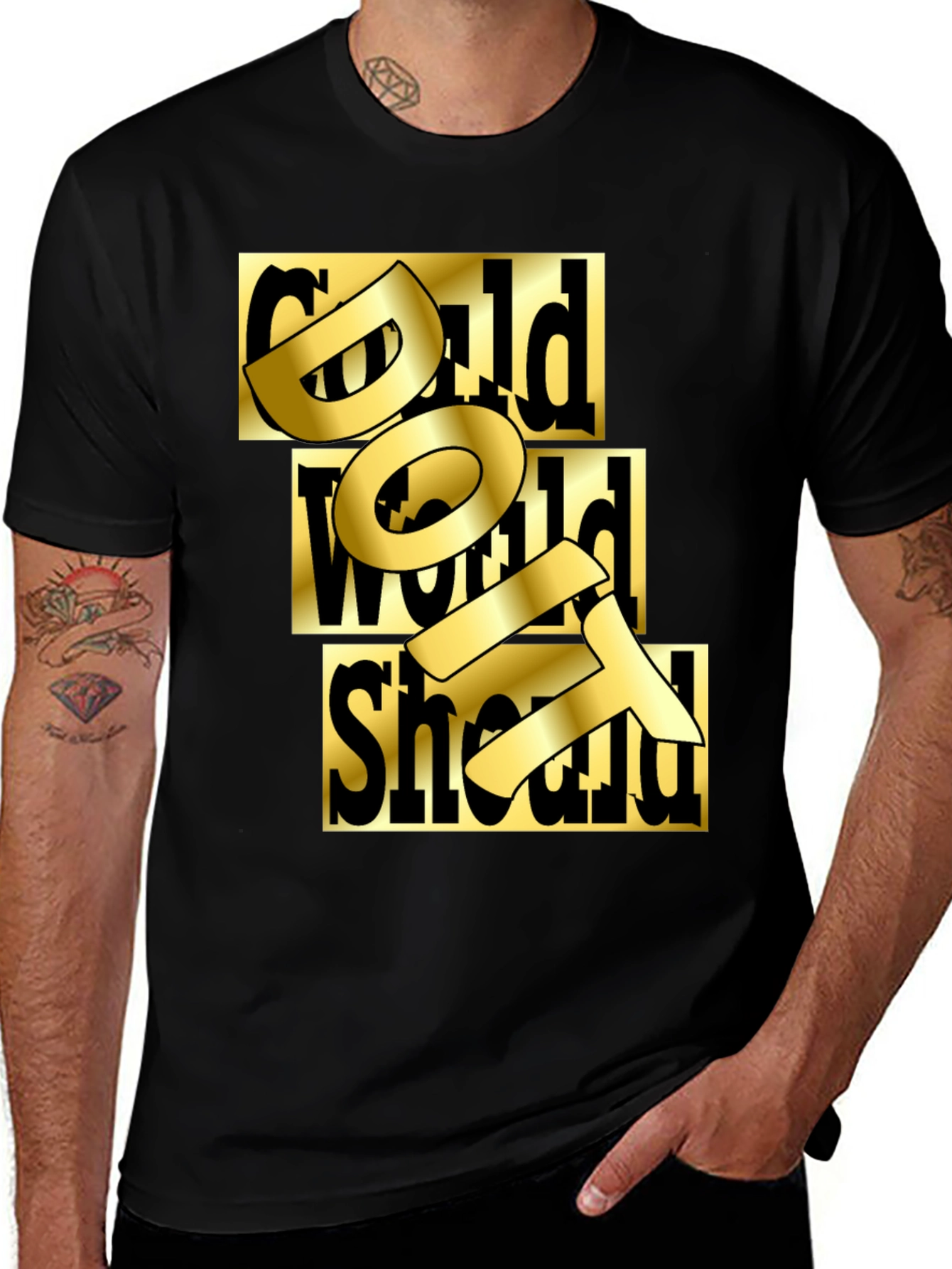 Gold Text Graphic Black T-Shirt