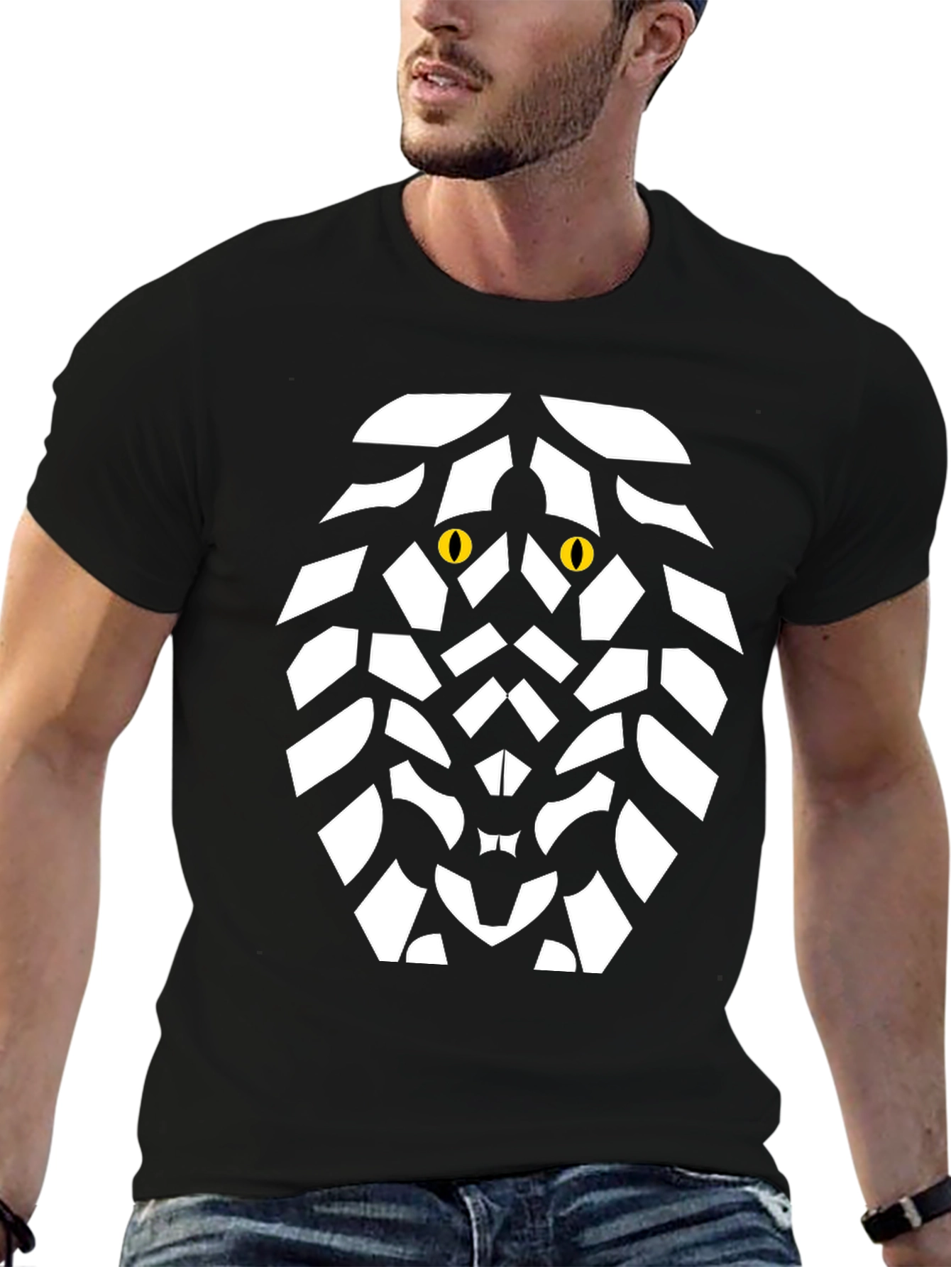 Geometric Lion Graphic Tee - Bold Black Cotton Shirt