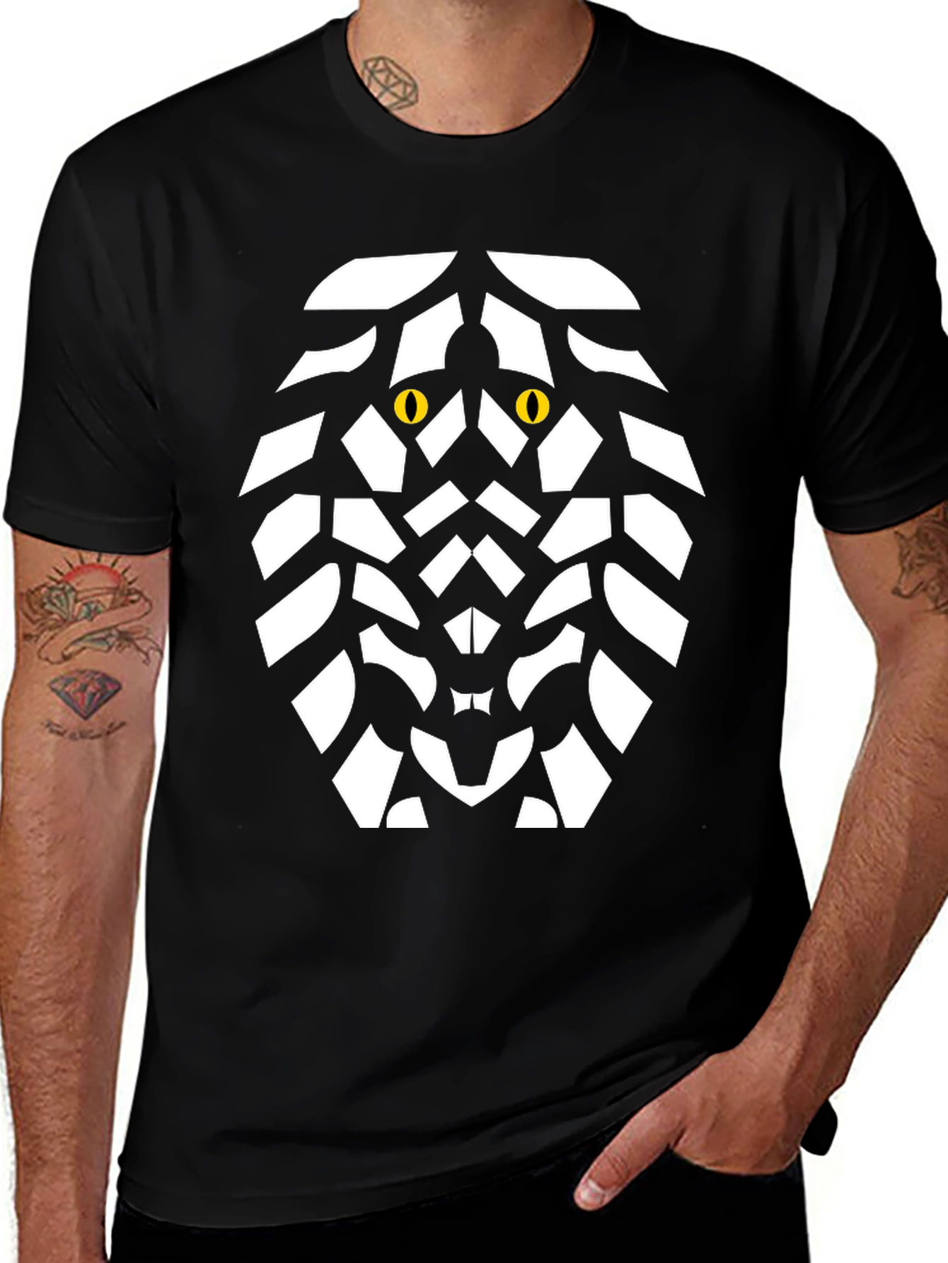 Geometric Lion Graphic Tee - Bold Black Cotton Shirt