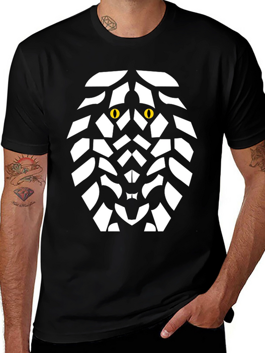 Geometric Lion Graphic Tee - Bold Black Cotton Shirt