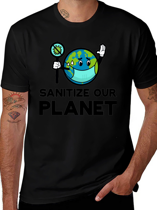 Sanitize Our Planet T-Shirt - Earth Cartoon Graphic Tee