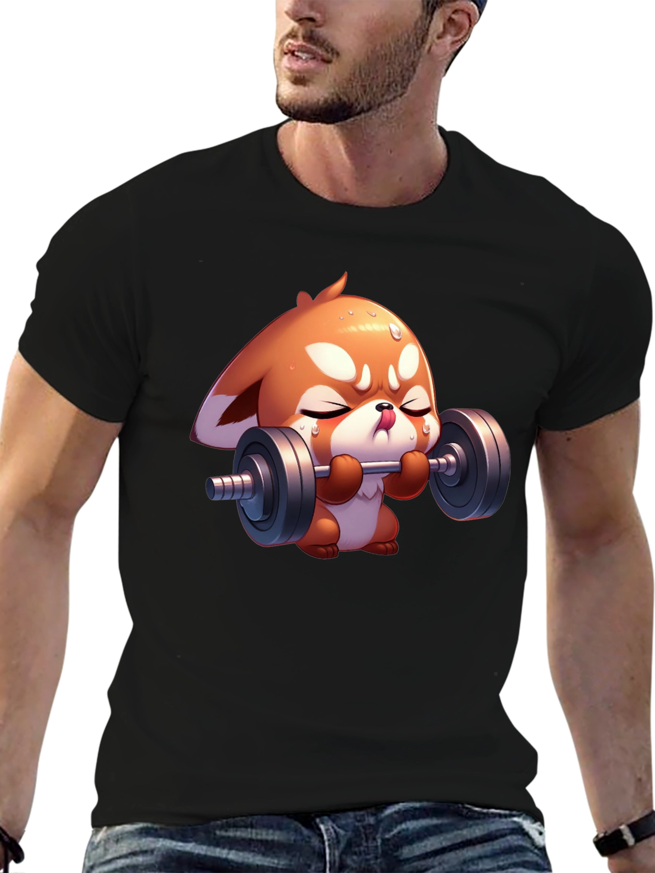 Cute Red Panda Weightlifting Black T-Shirt