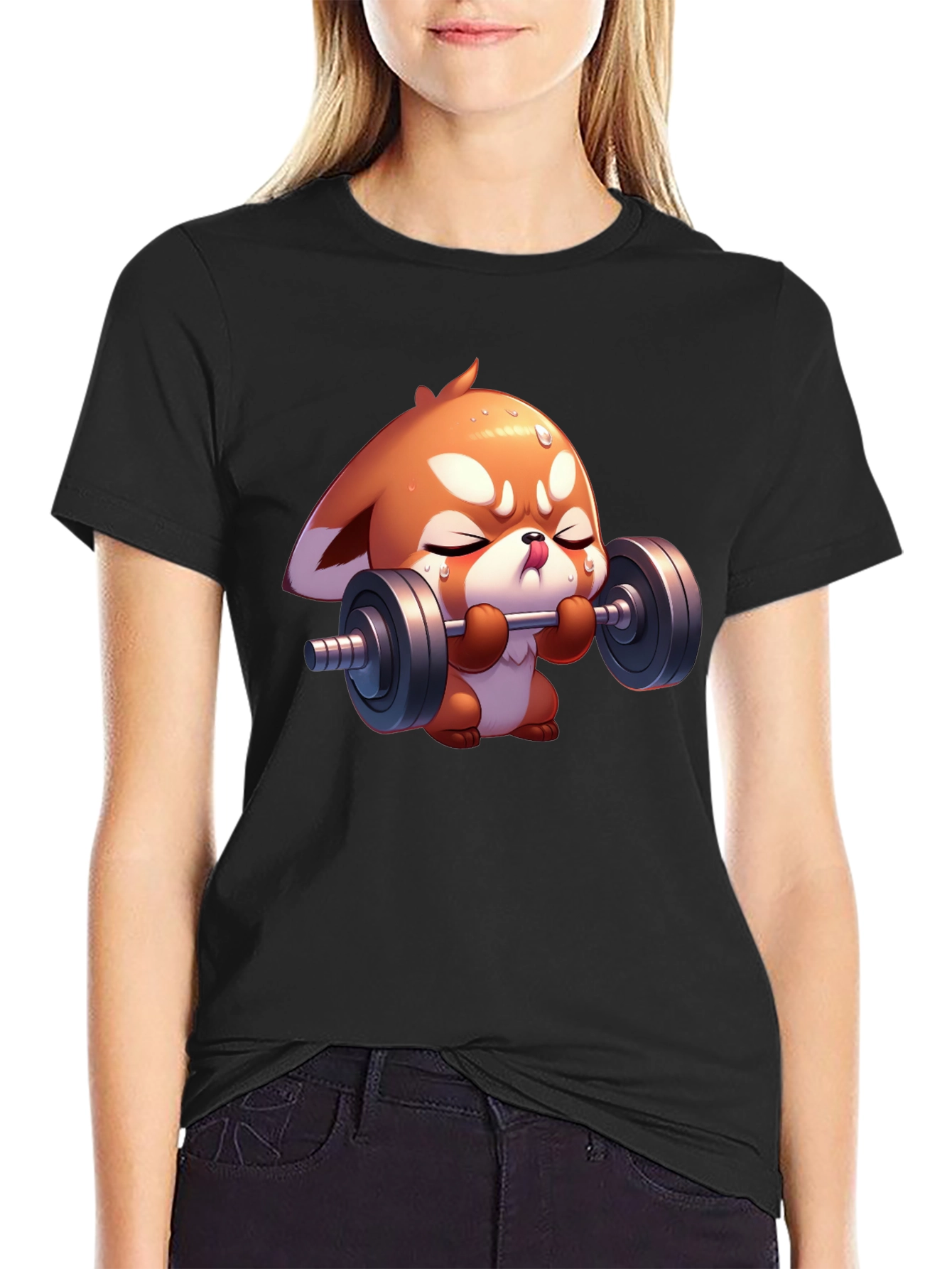 Cute Red Panda Weightlifting Black T-Shirt